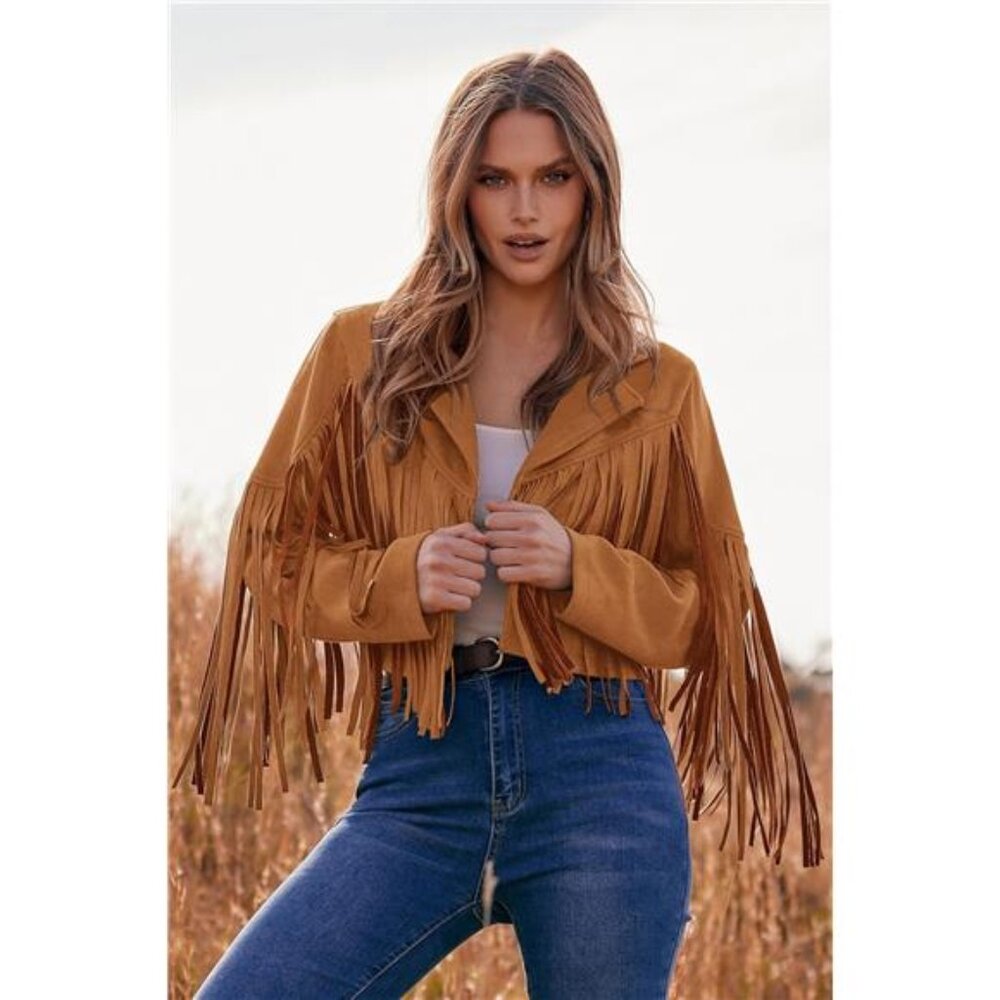 Women's Fringe Faux Suede Leather Jacket Tassel Cropped Coat - Picture 6 of 7
